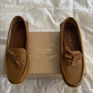 Prada Tan Leather Tassel Loafers